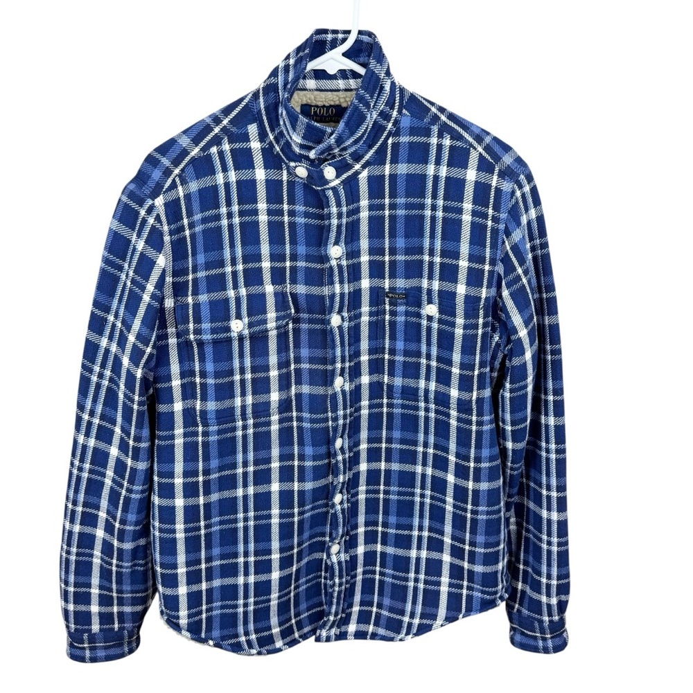 Polo Ralph Lauren Navy & White Check Plaid Classic Fit Sherpa Lined Button Coat